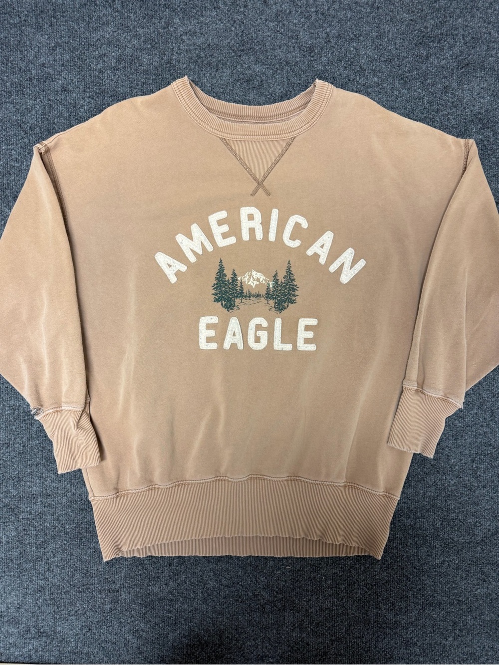 American Eagle Outfitters Men's Tan Crewneck Sweatshirt with Mountain Graphic